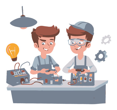 This cartoon illustration features two young technicians joyfully working on electrical equipment at a workshop. They demonstrate teamwork and creativity in a playful, engaging setting.のイラスト素材