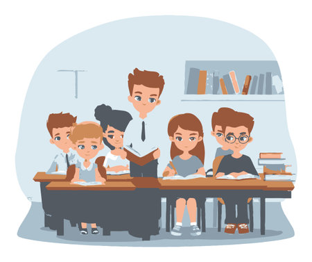 This vibrant cartoon illustration features children engaged in various learning activities in a classroom setting, showcasing an atmosphere of collaboration and curiosity.のイラスト素材