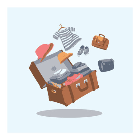 This cartoon vector illustration features an open suitcase filled with travel essentials like clothes, shoes, and hats, creating a sense of adventure and excitement.のイラスト素材