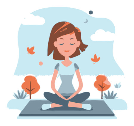 This charming illustration features a young woman meditating peacefully in a serene nature setting. Surrounded by autumn leaves and trees, she embodies tranquility and wellness.のイラスト素材