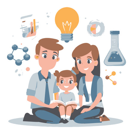 A charming cartoon vector depiction of a family reading a book together, surrounded by science elements, emphasizing education and creativity for children.のイラスト素材