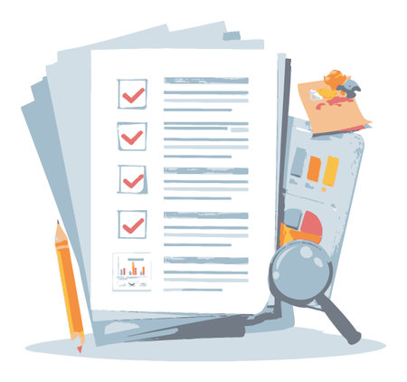 This vector cartoon illustration features checklist papers with a magnifying glass, pencil, and colorful office supplies, perfect for business and organization visuals.のイラスト素材