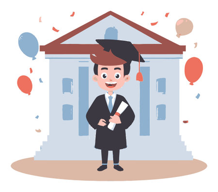 A cheerful cartoon graduate stands proudly with a diploma and cap, surrounded by festive balloons and confetti in front of a university building. Perfect for educational content.のイラスト素材