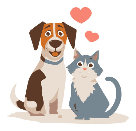 This charming vector illustration features a happy cartoon dog and cat sitting together with love hearts above them, symbolizing friendship and affection between pets.のイラスト素材