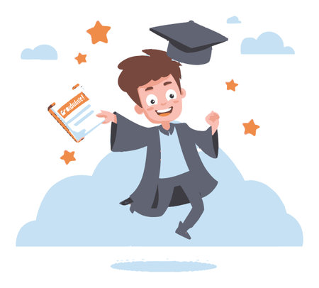 A cheerful cartoon graduate jumps in celebration, holding a diploma and wearing a cap. This vibrant illustration captures the joy of educational achievement and success.のイラスト素材