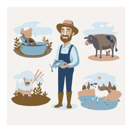 This vibrant cartoon-style vector illustration features a farmer with livestock, showcasing a tranquil rural scene with animals and fishing activities. Perfect for agricultural themes.のイラスト素材