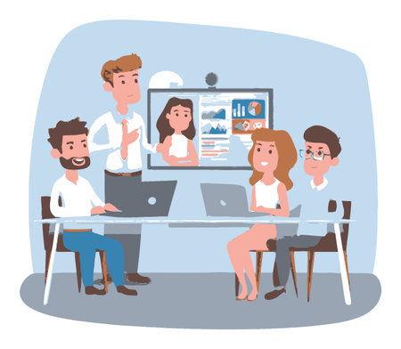 A lively team of diverse professionals collaborates on a project in a modern office setting. They use technology to enhance communication and creativity.のイラスト素材