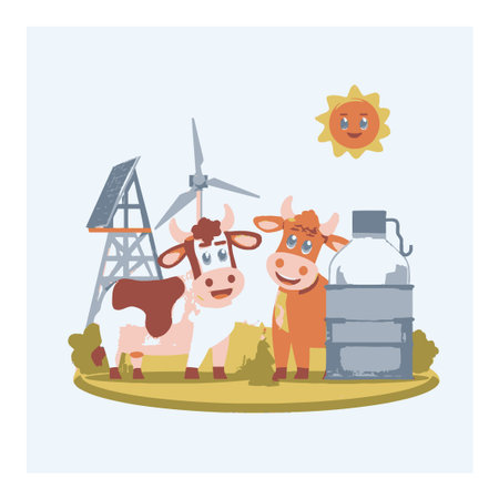 Bright and cheerful cartoon illustration of two happy cows on a farm with wind turbine, milk jug, and sun. Ideal for organic and eco-friendly themes.のイラスト素材