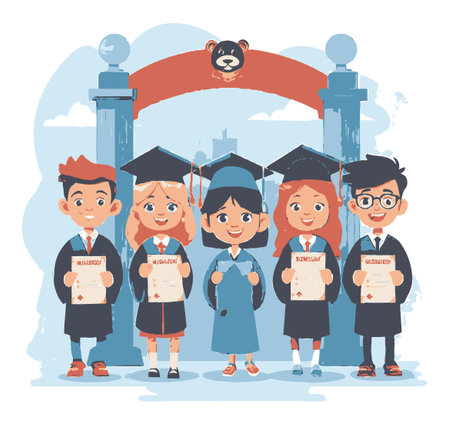 A vibrant cartoon illustration featuring happy students in graduation caps and gowns. They proudly hold diplomas in celebration of their accomplishments. Perfect for educational themes.のイラスト素材
