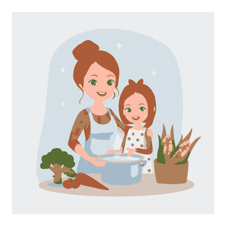 A cheerful cartoon depicting a mother and daughter enjoying cooking together, surrounded by fresh vegetables and flowers, capturing family happiness.のイラスト素材