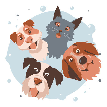 This vibrant vector illustration features four cartoon dogs with joyful expressions. Perfect for pet lovers and animal-themed projects, this artwork radiates happiness and playfulness.のイラスト素材