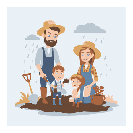 A cheerful cartoon family enjoying a day on the farm, engaging in gardening activities with children playing joyfully. Perfect for showcasing rural life and family bonding.のイラスト素材