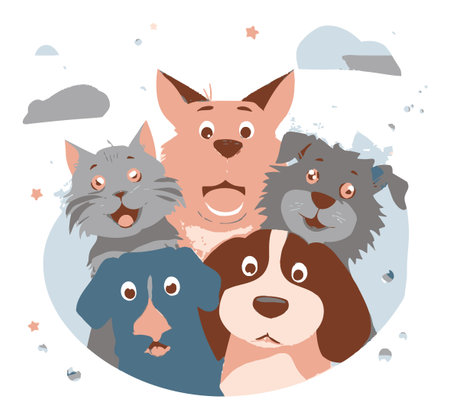 This vibrant vector illustration features a joyful group of cartoon animals, including dogs and...