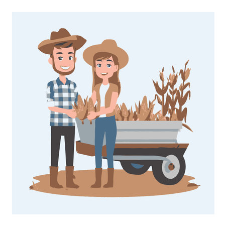 Charming cartoon illustration of a couple of farmers joyfully harvesting corn together with a wheelbarrow filled with crops. Perfect for agricultural themes.のイラスト素材