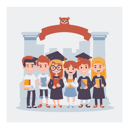 A vibrant cartoon illustration showcasing a group of cheerful students in graduation caps and gowns celebrating their achievement together in a fun setting.のイラスト素材