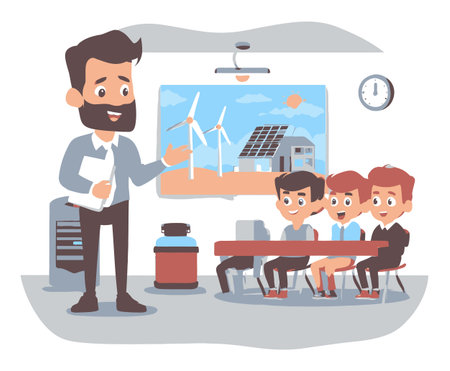 A cartoon illustration depicting a teacher enthusiastically explaining renewable energy concepts to captivated students in a classroom setting.のイラスト素材