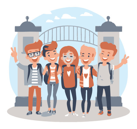 A vibrant cartoon illustration featuring a cheerful group of friends posing in front of a landmark bridge. They display joy, friendship, and excitement, embodying youthful spirit.のイラスト素材