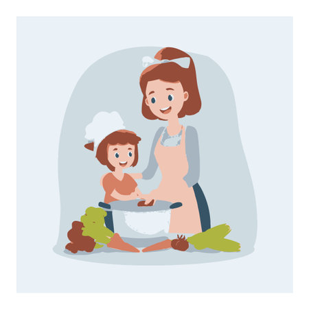 A bright and cheerful cartoon illustration of a mother and child cooking together. They share joyful moments in the kitchen, using fresh ingredients and displaying teamwork.のイラスト素材