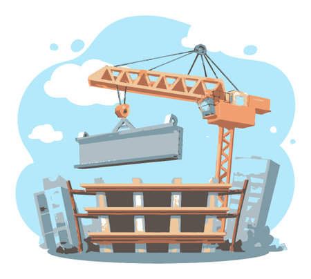 Colorful cartoon illustration of a construction crane lifting a slab against a bright blue sky. Perfect for conveying construction themes in a fun and engaging way.のイラスト素材