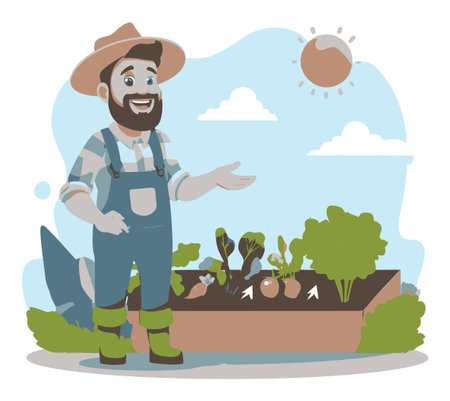 A cheerful cartoon farmer stands beside a vibrant garden bed filled with vegetables, under a sunny sky, promoting gardening and sustainable practices.のイラスト素材