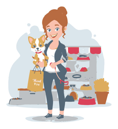 A cheerful woman with her playful corgi enjoys a shopping trip to a pet supply store. This colorful cartoon illustration captures their joyful interaction.のイラスト素材