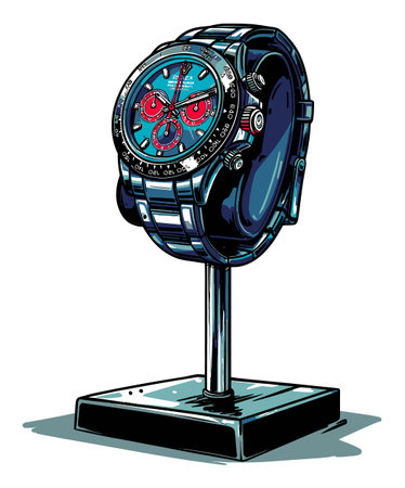 A stylish analog watch displayed on a sleek stand, featuring vibrant colors and intricate details. Perfect for showcasing modern craftsmanship and design.のイラスト素材