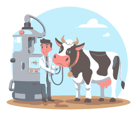 A colorful vector illustration depicting a cheerful veterinarian milking a cow at a modern milking station, showcasing a blend of technology and livestock care.のイラスト素材