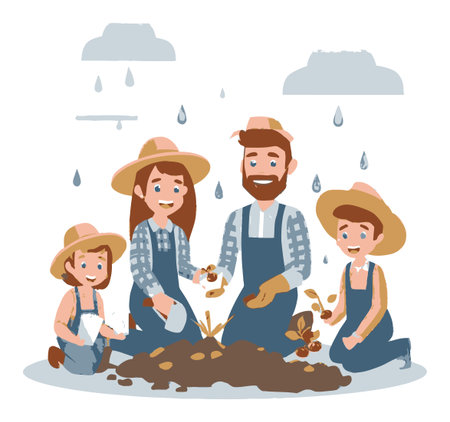 A vibrant cartoon scene depicting a happy family planting seeds in a garden. The cheerful atmosphere features rain, smiles, and teamwork, perfect for illustrating family activities in nature.のイラスト素材
