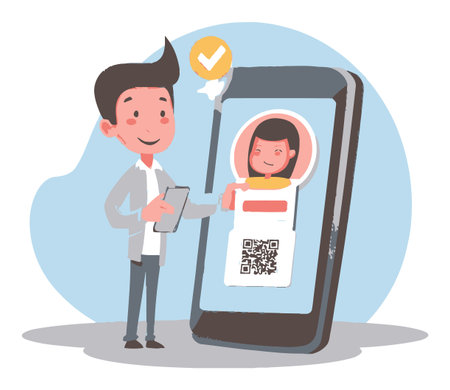 A cheerful cartoon character interacts with a smartphone featuring a QR code for digital verification. This illustration highlights modern technology and user interaction in a friendly and engaging manner.のイラスト素材