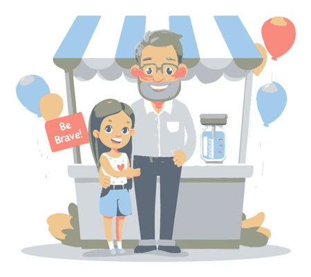 A vibrant cartoon scene depicting a child and an adult at a market stand, promoting courage and kindness through a cheerful interaction.のイラスト素材