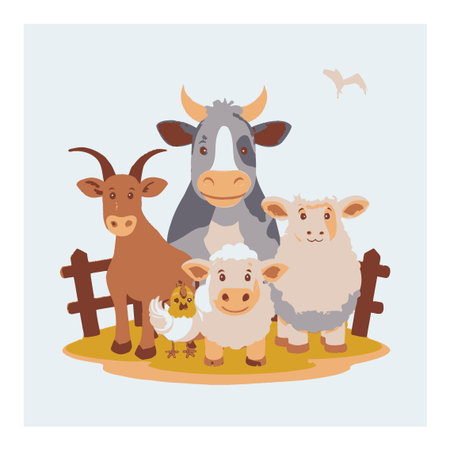 Adorable cartoon illustration of farm animals including a goat, cow, sheep, and chicken, perfect for children's books, educational materials, and playful designs.のイラスト素材