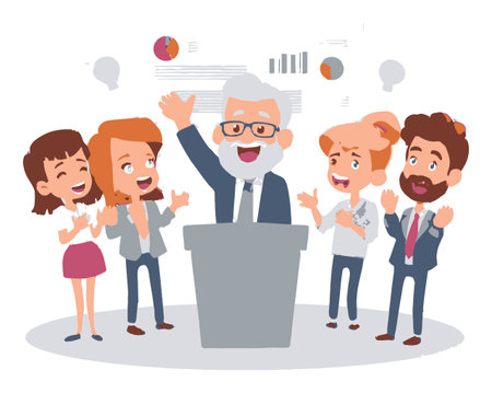 A vibrant cartoon family celebrating a successful presentation. A happy speaker stands at the podium, engaging an enthusiastic audience. Perfect for themes of teamwork and motivation.のイラスト素材
