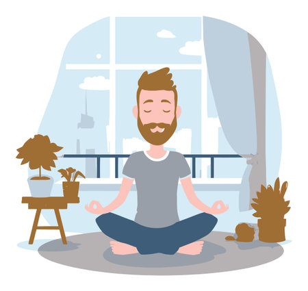 A serene cartoon image of a man meditating indoors, surrounded by plants and a view of the city. Perfect for themes of relaxation and mindfulness.のイラスト素材