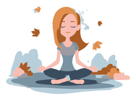 This vibrant vector artwork features a serene cartoon woman meditating with falling leaves around her, perfect for wellness and mindfulness themes.のイラスト素材
