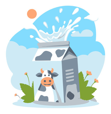 A cheerful cartoon cow peeks from a milk carton surrounded by flowers and a splash of milk. This vibrant illustration captures the joy of farm life and fresh dairy.のイラスト素材