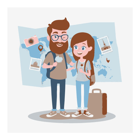 This vibrant cartoon illustration features a joyful young couple standing together with travel essentials, surrounded by a world map, capturing the essence of adventure.のイラスト素材