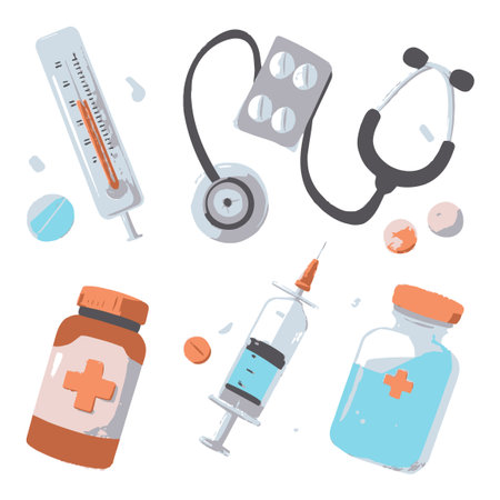 Colorful cartoon illustration showcasing medical items like syringes, bottles, and a stethoscope. Perfect for health-related projects and educational materials.のイラスト素材