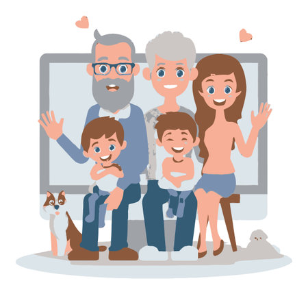 This vibrant cartoon illustration captures a joyful family portrait featuring grandparents, young children, and their beloved pets, set against a tech backdrop.のイラスト素材