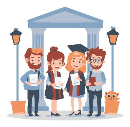 This vibrant cartoon illustration depicts happy graduates celebrating their achievements together. The joyful scene features diplomas, a graduation cap, and cheerful characters amidst a welcoming academic background.のイラスト素材