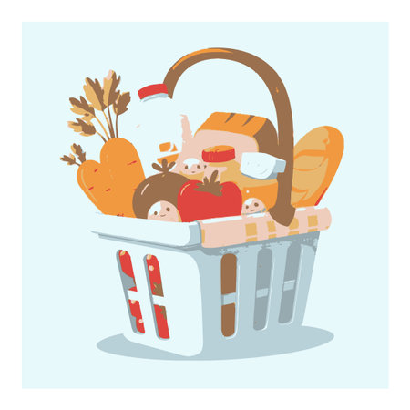 A vibrant cartoon-style illustration of a grocery basket filled with fresh vegetables, bread, and milk. Perfect for food-related projects or health themes.のイラスト素材