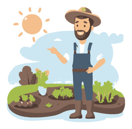 A cheerful cartoon farmer stands in a vibrant garden, surrounded by various plants and sunny skies. This colorful vector illustration highlights rural life and the joy of farming.のイラスト素材