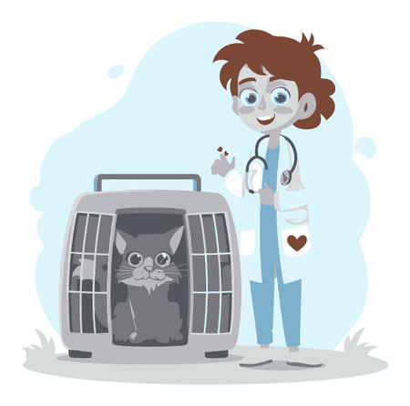 Charming cartoon illustration of a veterinarian with a cat in a carrier, showcasing a friendly interaction in a vibrant clinic setting, ideal for pet care themes.のイラスト素材