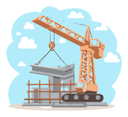 Colorful vector illustration of a construction crane lifting a steel beam at a building site. Ideal for projects related to industry and construction themes.のイラスト素材
