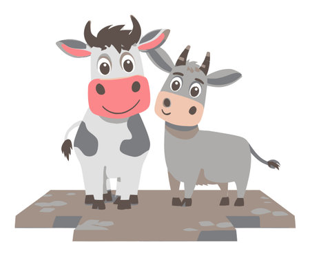 This playful cartoon illustration features a happy cow and goat character standing together on a farm background. Ideal for children's materials or playful designs.のイラスト素材