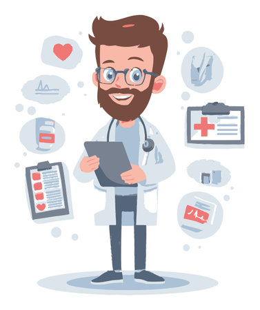 This cheerful male doctor cartoon character features a stethoscope and surrounded by medical icons and charts, representing healthcare and wellness in a playful style.のイラスト素材