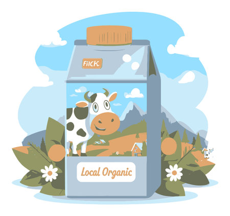 Adorable cartoon cow featured on a milk carton with a local organic theme, set against a picturesque landscape of mountains and flowers, ideal for marketing or branding.のイラスト素材