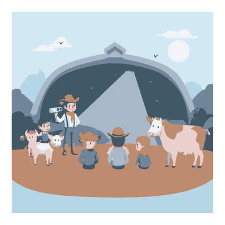 This charming cartoon illustration depicts children enjoying a nighttime view by a barn, accompanied by a cow, creating a whimsical farm scene under the moonlight.のイラスト素材