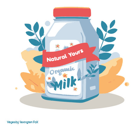 This vibrant cartoon vector features an artistic organic milk bottle adorned with leaves and a stylish label. Perfect for food and beverage concepts!のイラスト素材