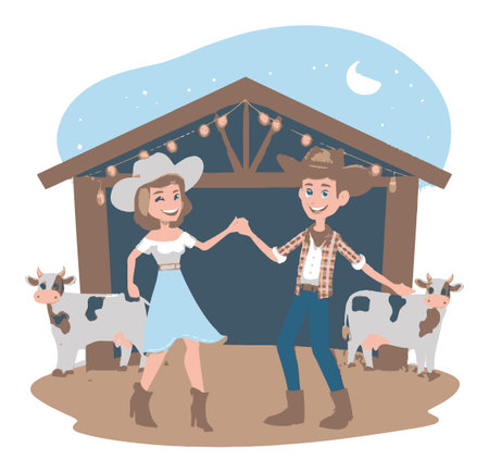 A cheerful cartoon couple dances joyfully in front of a cozy barn, surrounded by friendly cows and glowing string lights, celebrating love in a rural setting.のイラスト素材