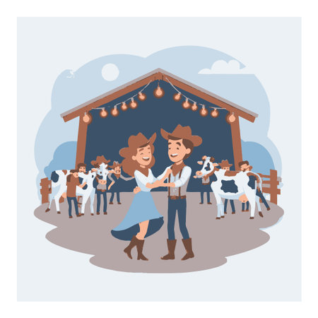 A joyful cartoon couple dances at a lively country barn party, surrounded by friends enjoying music and festivities under twinkling lights. Perfect for cheerful themes.のイラスト素材